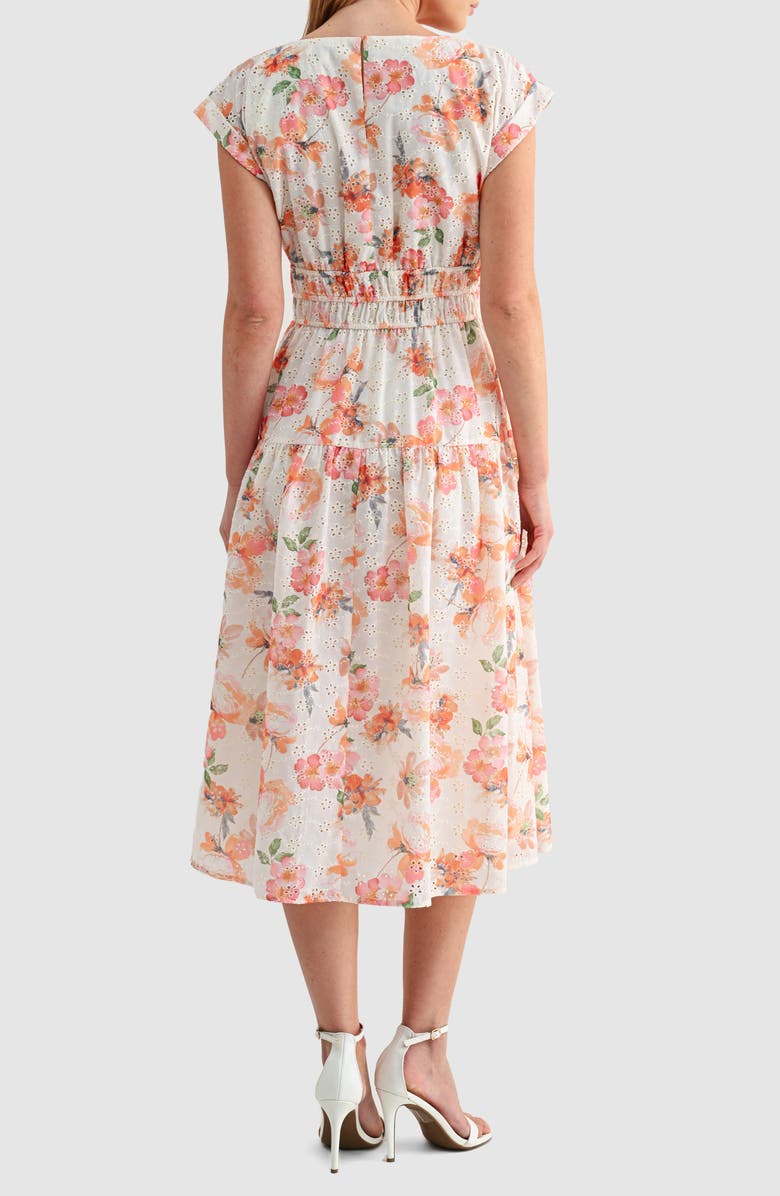 Mila Mae Floral Cap Sleeve Eyelet Cotton A-Line Midi Dress, Alternate, color, Orange Mauve Floral