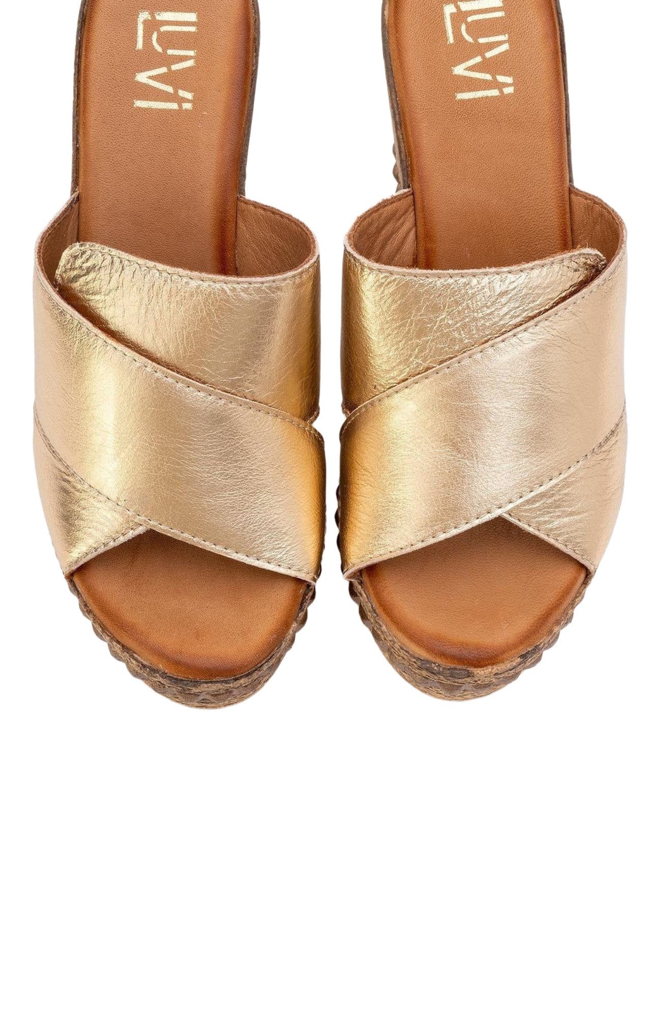 Forever & Always Shoes Lois Wedge Leather Sandal, Alternate, color, Gold Leather