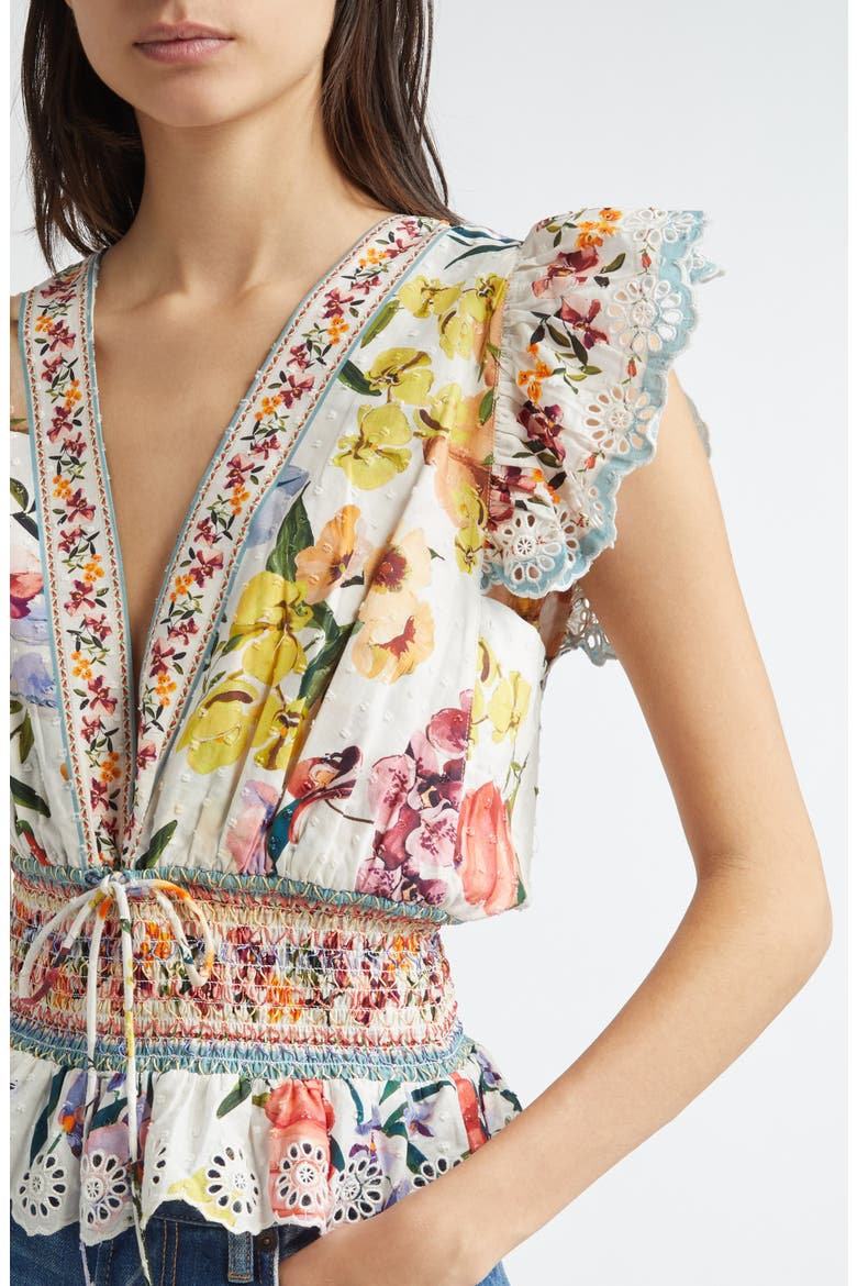 Greek Garden Swiss Dot Flutter Sleeve Plunge Neck Cotton Top, Alternate, color, OFF-WHITE