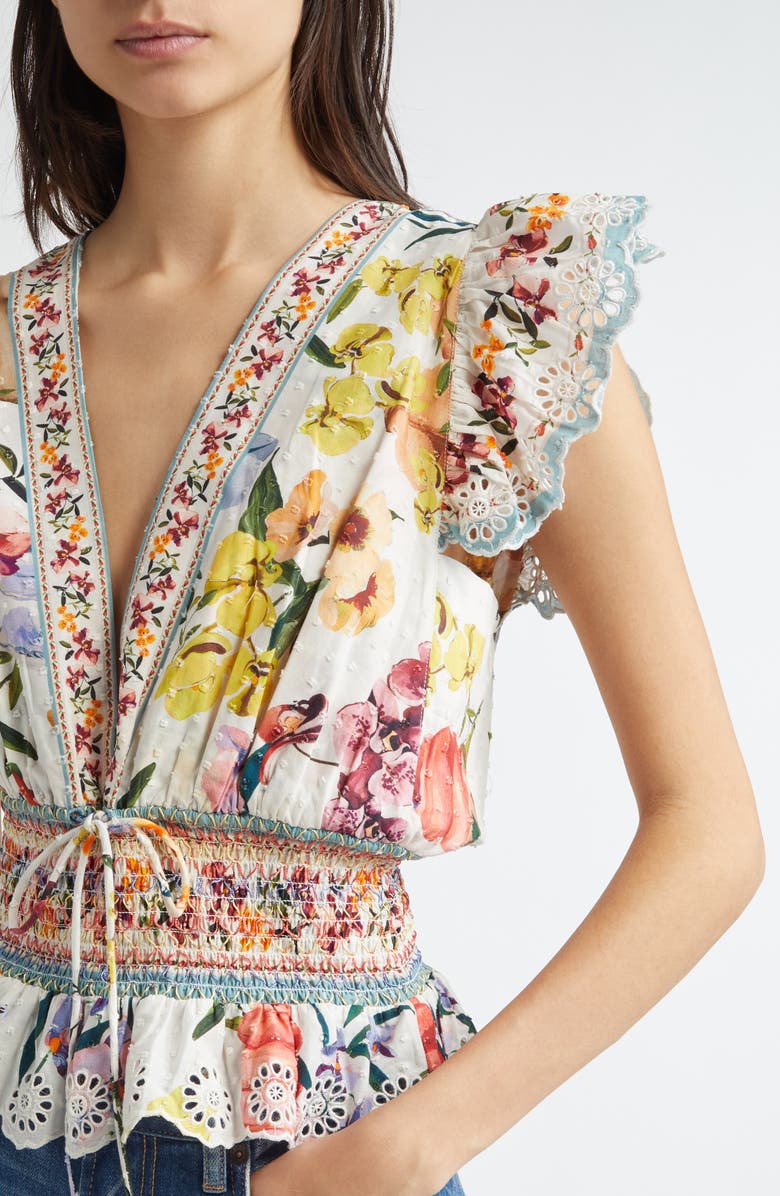 FARM Rio Greek Garden Swiss Dot Flutter Sleeve Plunge Neck Cotton Top, Alternate, color,