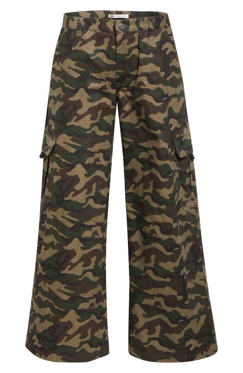 Sandy Liang Sorano Bow Embroidered Wide Leg Camo Cargo Pants, Alternate, color, Green Multi