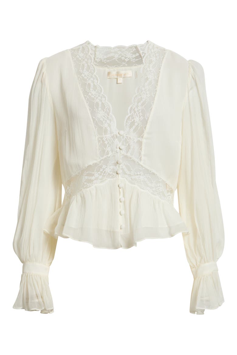 Thessira Lace Trim Ruffle Silk Top, Alternate, color, PALE STONE