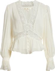 LoveShackFancy Thessira Lace Trim Ruffle Silk Top