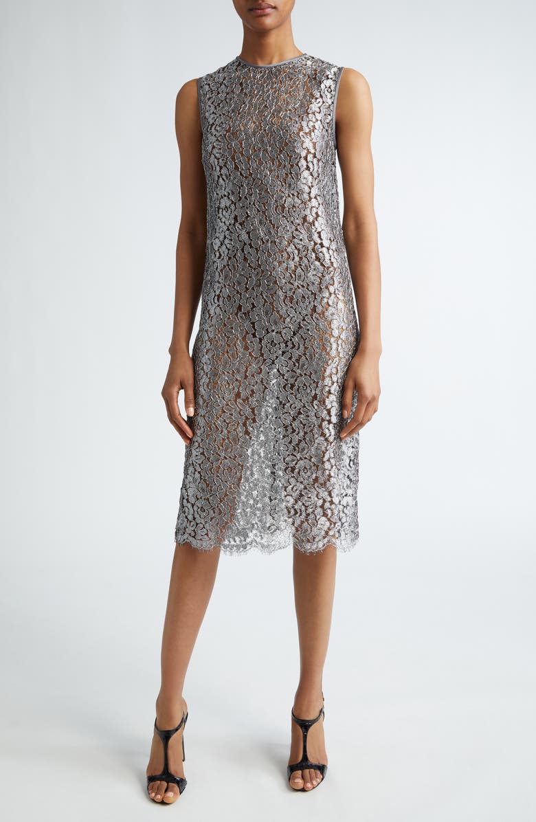 Michael Kors Collection Metallic Crochet Lace Sheer Sheath Dress, Main, color, 