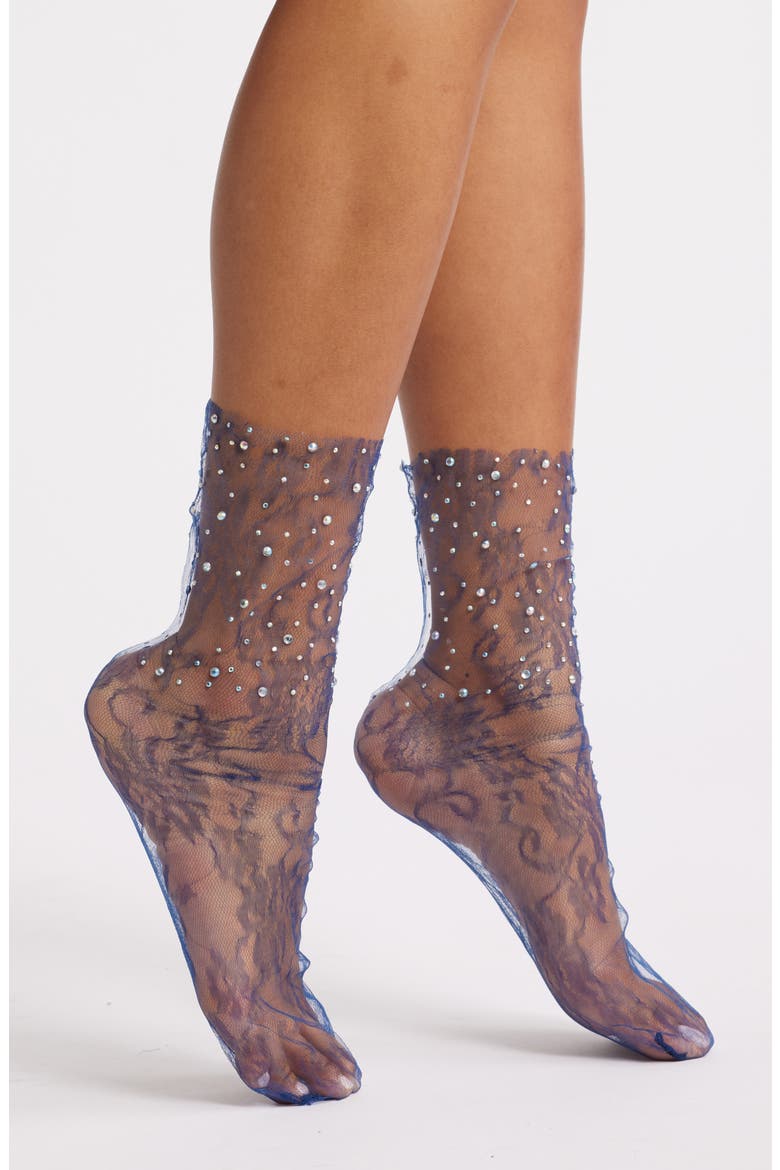 Crystal Lace Slouchy Sheer Tulle Socks, Main, color, NAVY