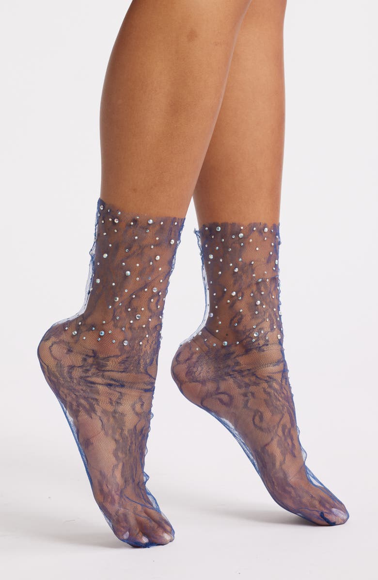 HIGH HEEL JUNGLE Crystal Lace Slouchy Sheer Tulle Socks, Main, color, Navy