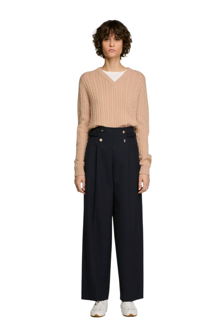 Buttoned wide-leg wool trousers, Main, color, Navy blue