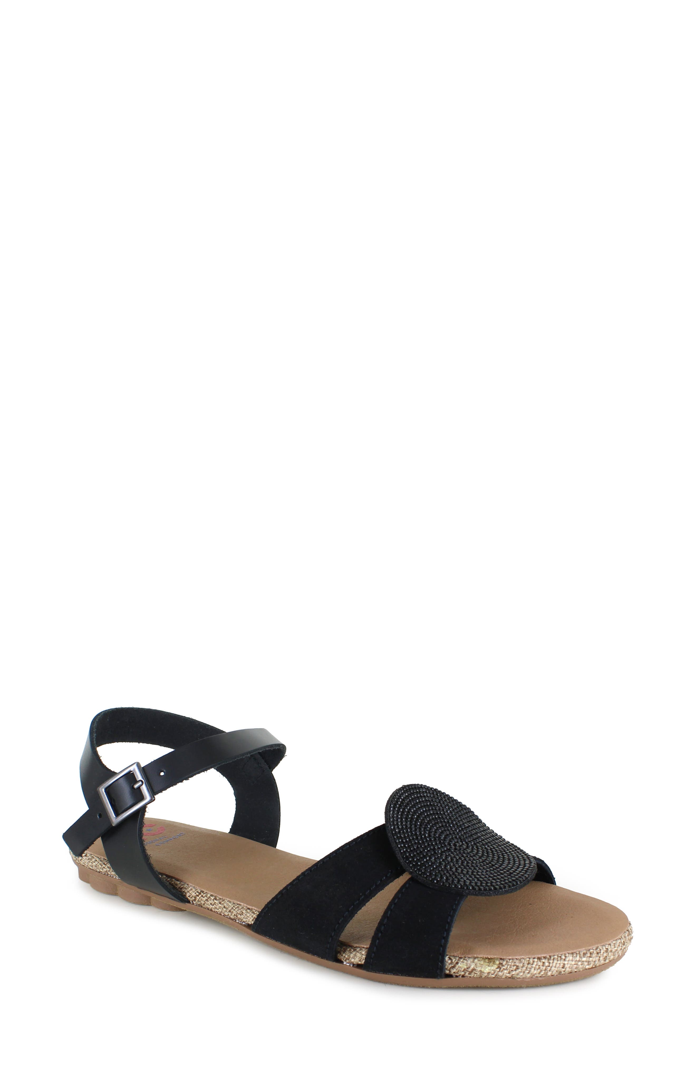 National Comfort Ronda Medallion Flat Sandal, Main, color, Black Leather