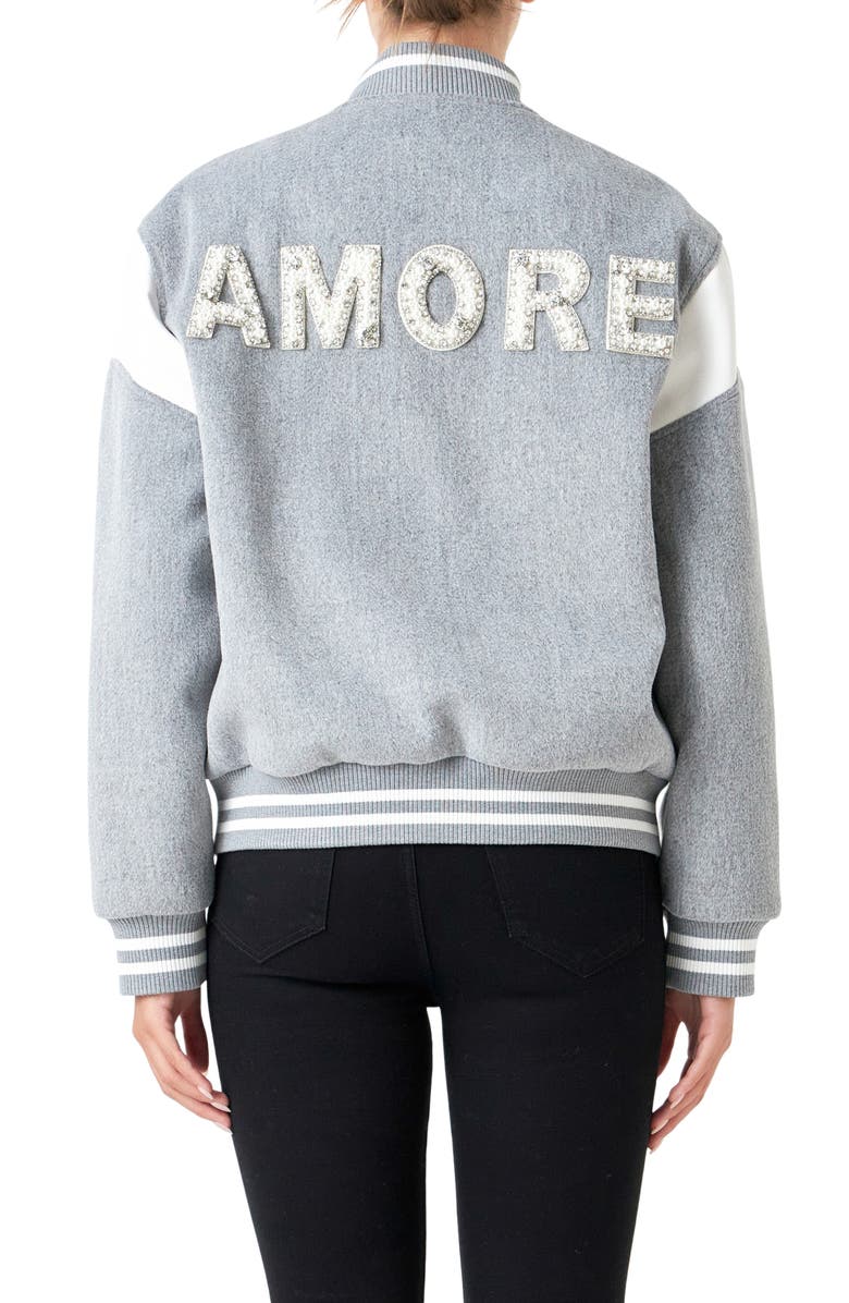 Endless Rose Beaded Patch Detail Bomber Jacket, Alternate, color, Heather Grey