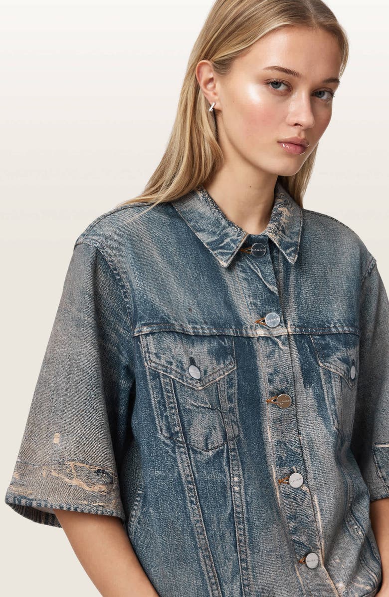 AllSaints Juni Distressed French Terry Denim Shirt, Alternate, color, Illusion Tint Blue