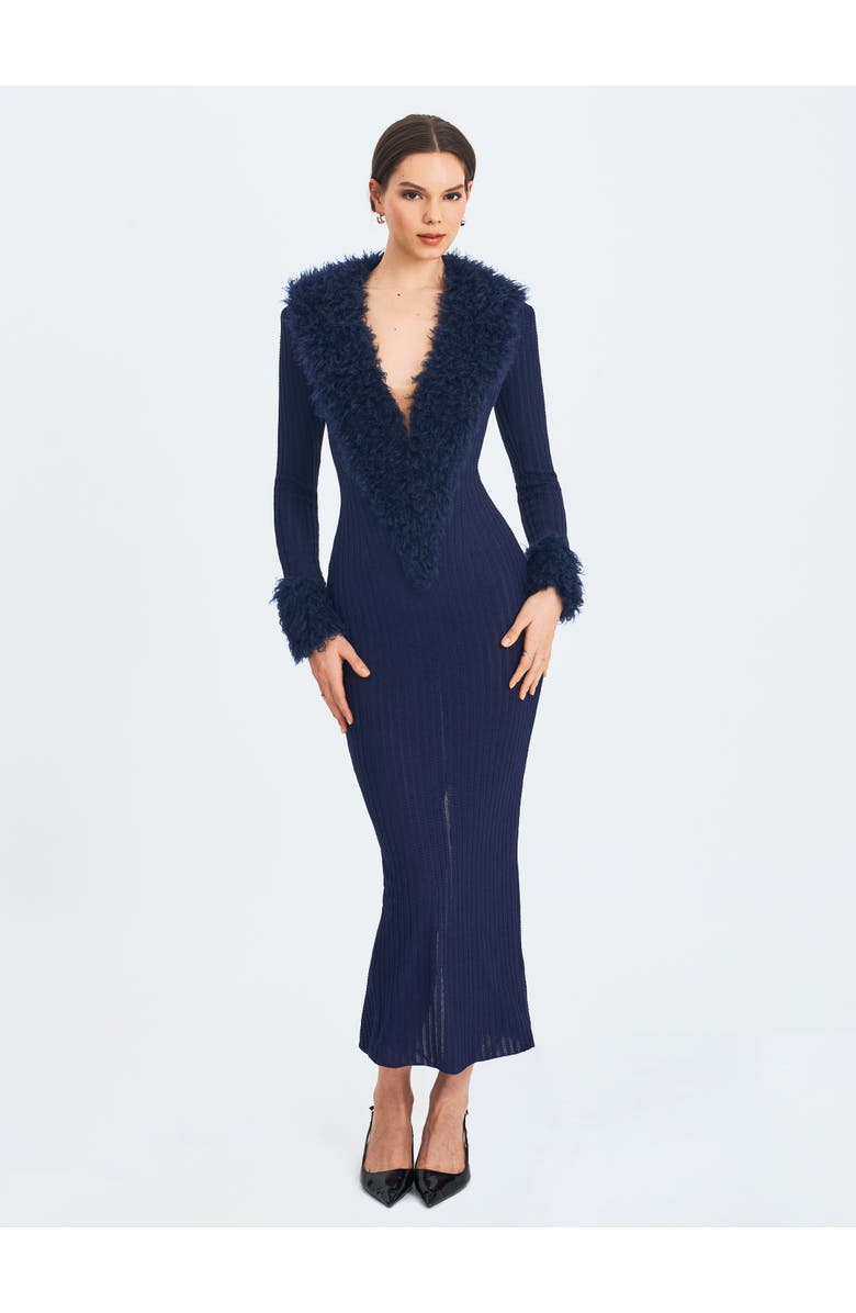 Miss Circle Romina Plunging Fur Trimmed Crochet Maxi Dress, Alternate, color, Navy