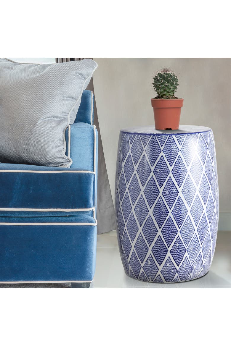 Moroccan Diamonds Bohemian Diamond Geometric Ceramic Indoor/Outdoor Garden Stool Decorative Patio Drum Accent Side Table, Alternate, color, Blue/White