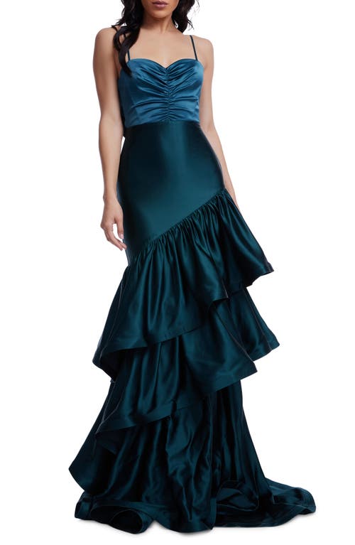 Dress the Population Clarice Tiered Ruffle Satin Gown in Pine 