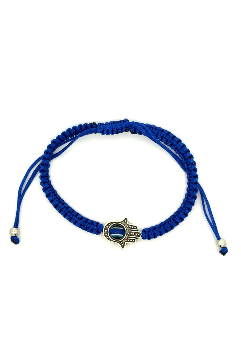 Blue Evil Eye Hamsa Braided Adjustable Bracelet, Main, color, Blue/Silver