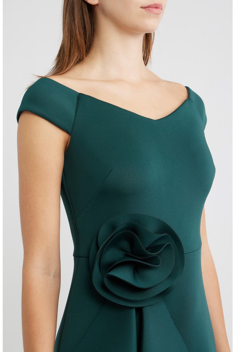 3D Rosette Detail Scuba Crepe Trumpet Gown, Alternate, color, HUNTER