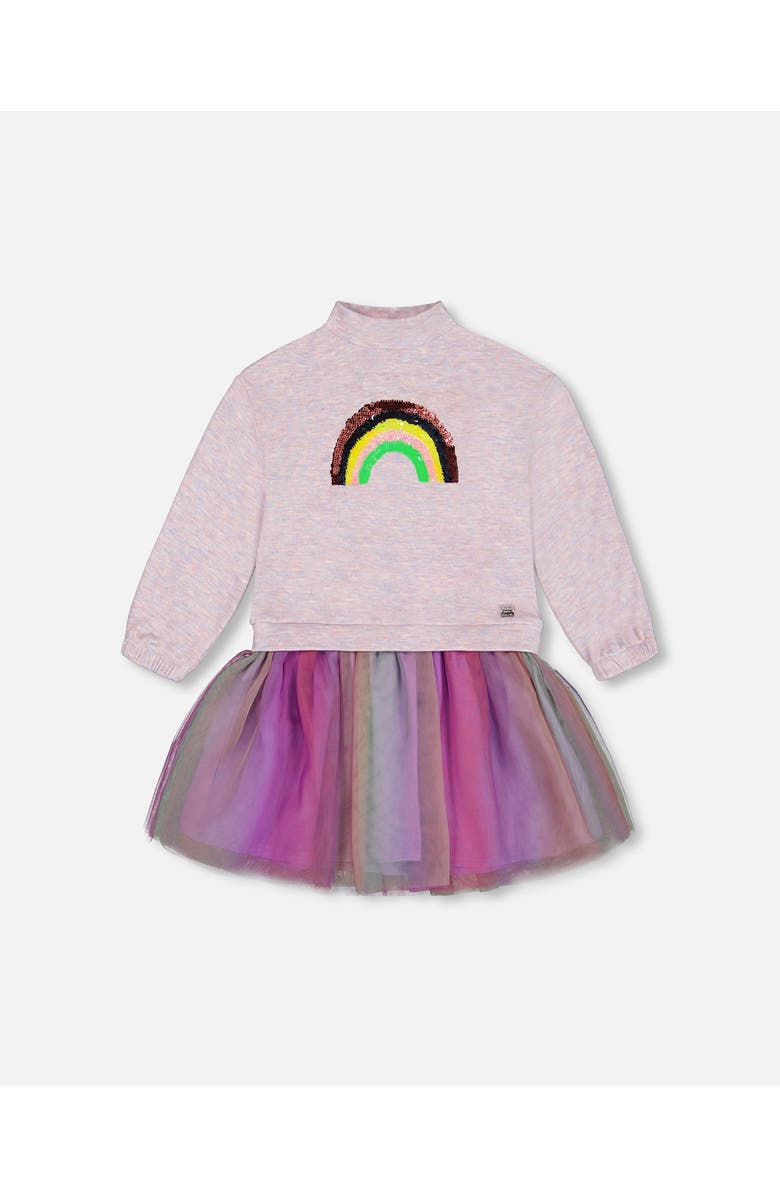 Deux par Deux Girl's Super Soft Sweatshirt Dress With Rainbow Tulle Skirt, Main, color, 