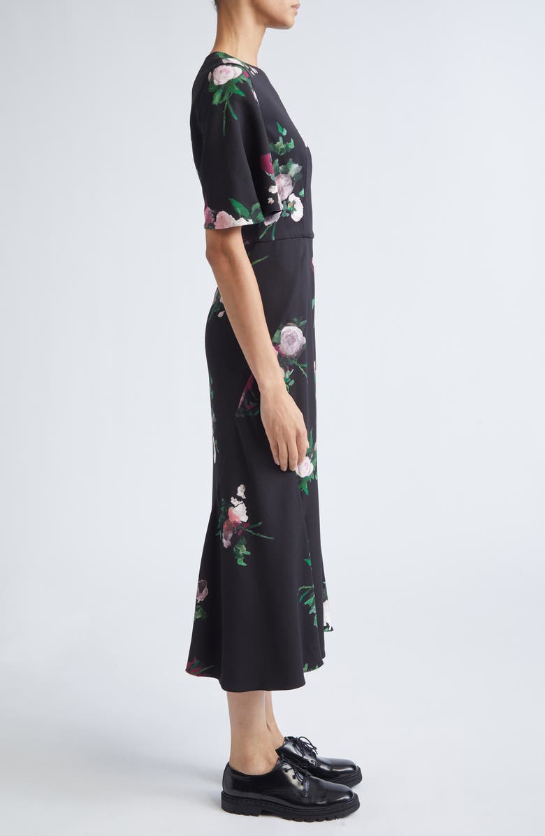 Erdem Floral Flutter Sleeve Stretch Cady Midi Dress, Alternate, color, Painted Rose Bouquet Black