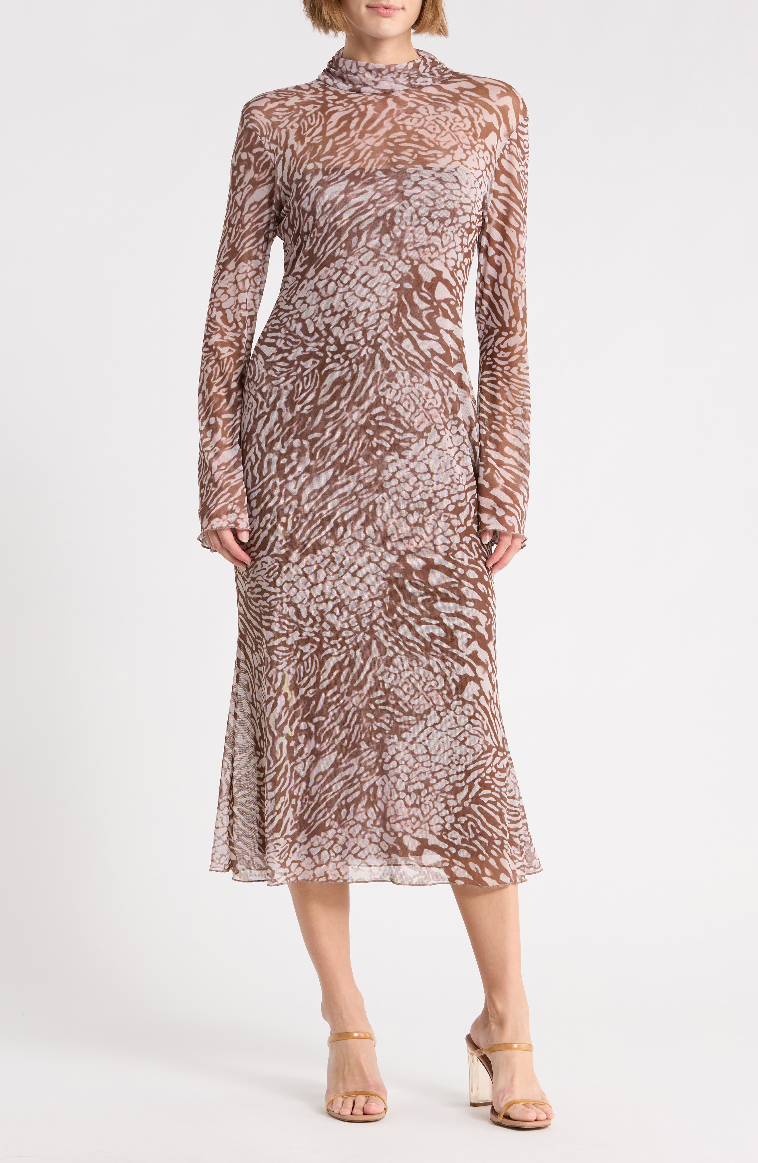 Printed Mesh Long Sleeve Dress