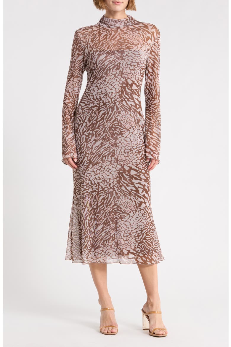 Printed Mesh Long Sleeve Dress, Main, color, BROWN MULTI