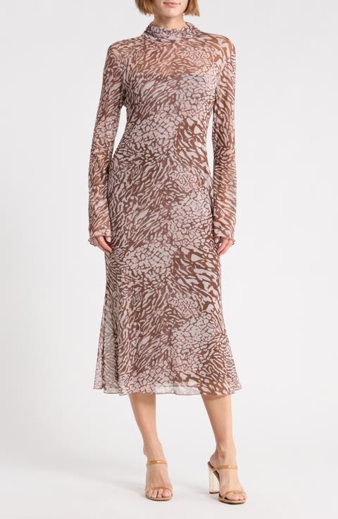 Printed Mesh Long Sleeve Dress