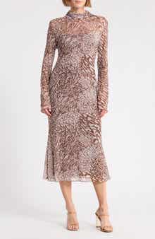 Printed Mesh Long Sleeve Dress