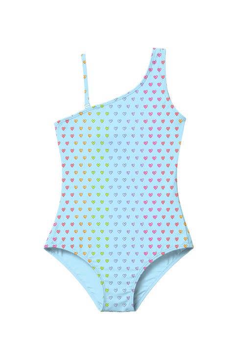 One Shoulder One Piece Multicolor Heart Printed Swimsuit