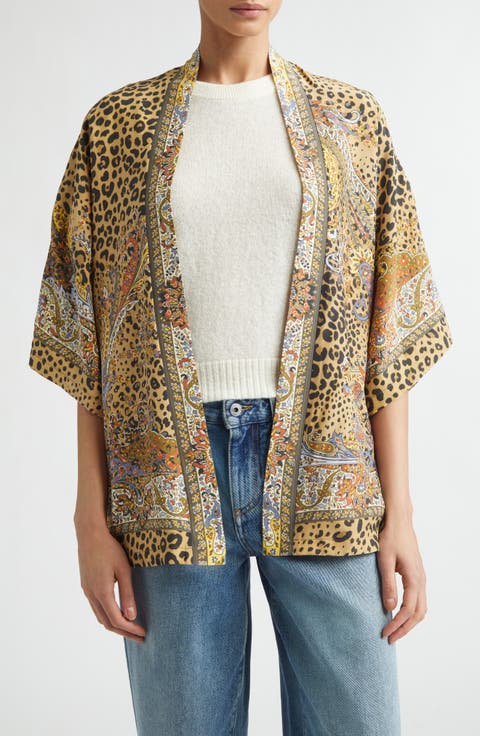 Leopard Paisley Print Open Front Silk Jacket