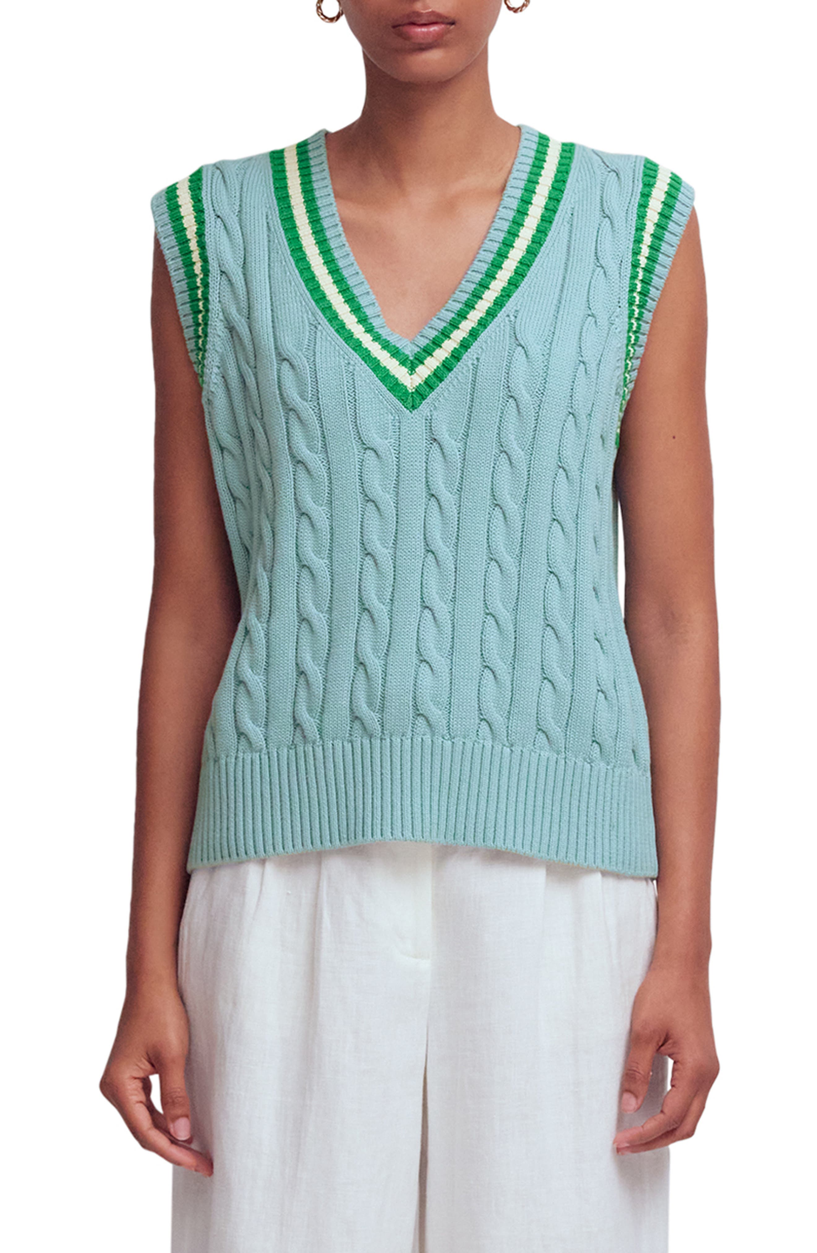Boden Maeve Cable Knit V-neck Sweater Vest In Blue