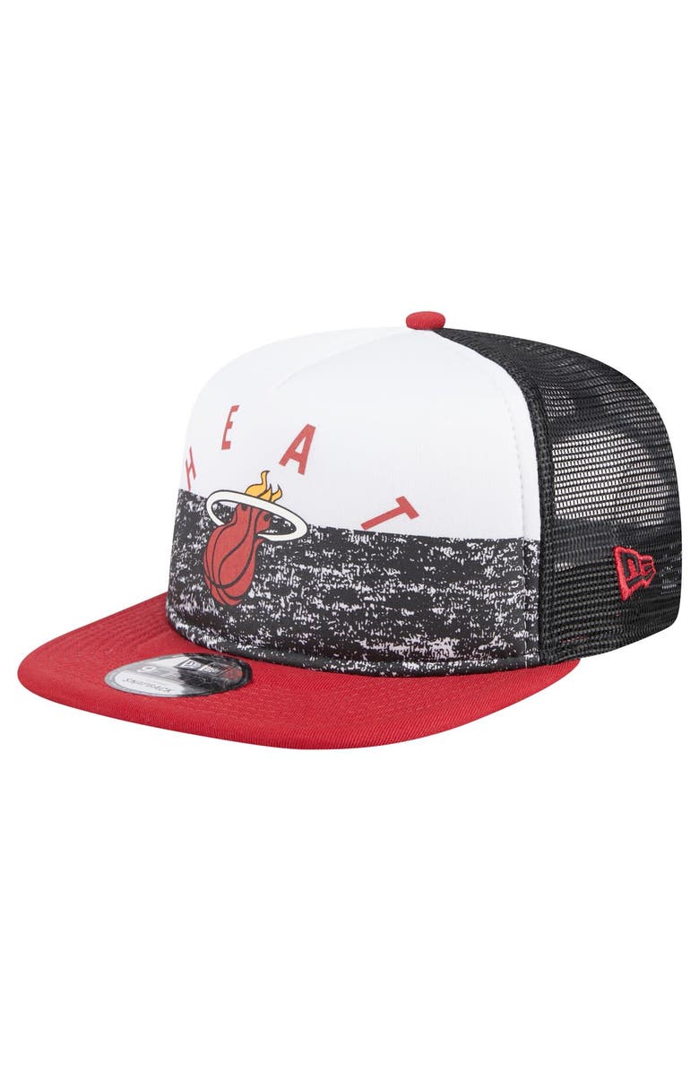 New Era Men's New Era Black Miami Heat Arch A-Frame Trucker 9FIFTY Snapback Hat, Main, color, Black