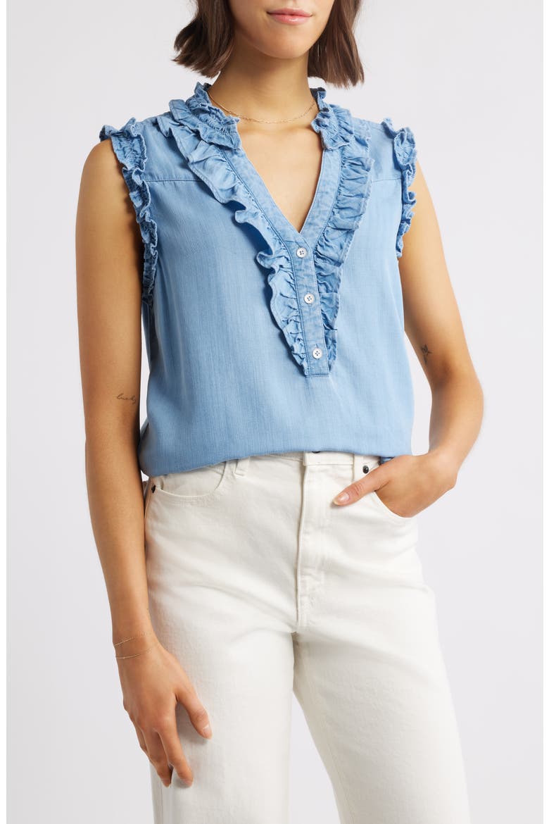 Ruffle Accent Sleeveless Top, Main, color, LIGHT BLUE