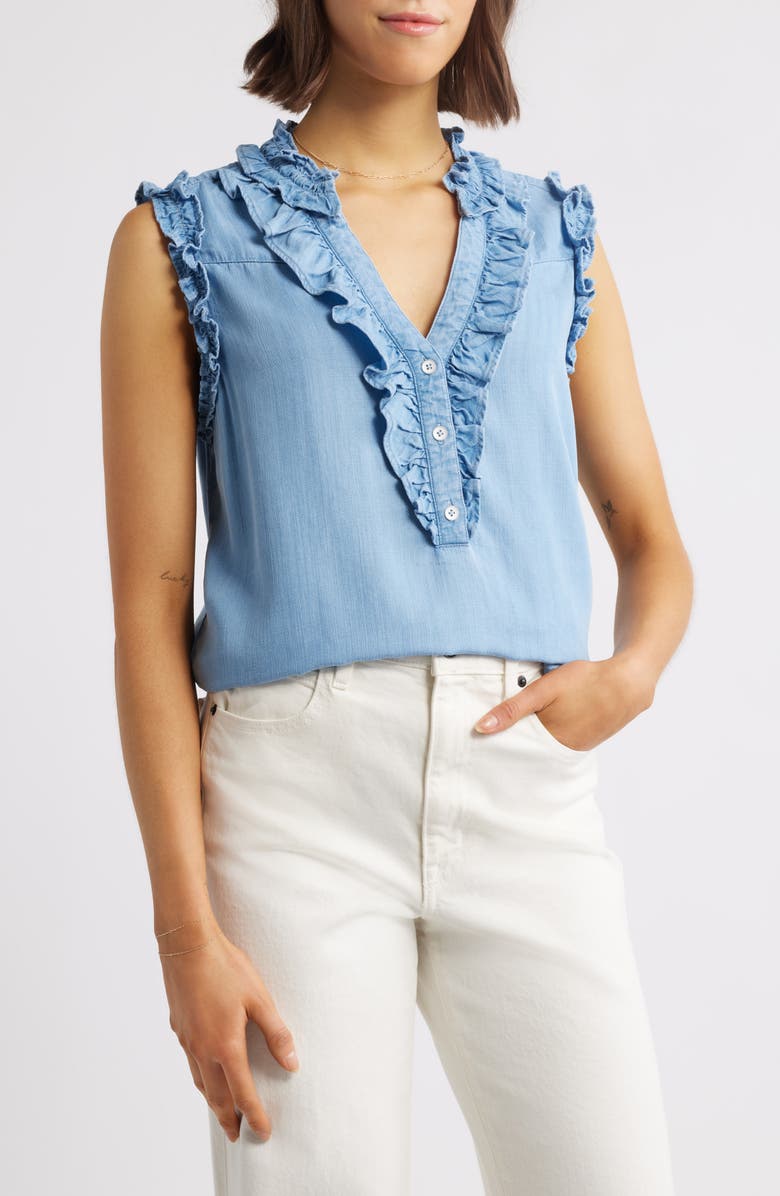 Wit & Wisdom Ruffle Accent Sleeveless Top, Main, color, Light Blue