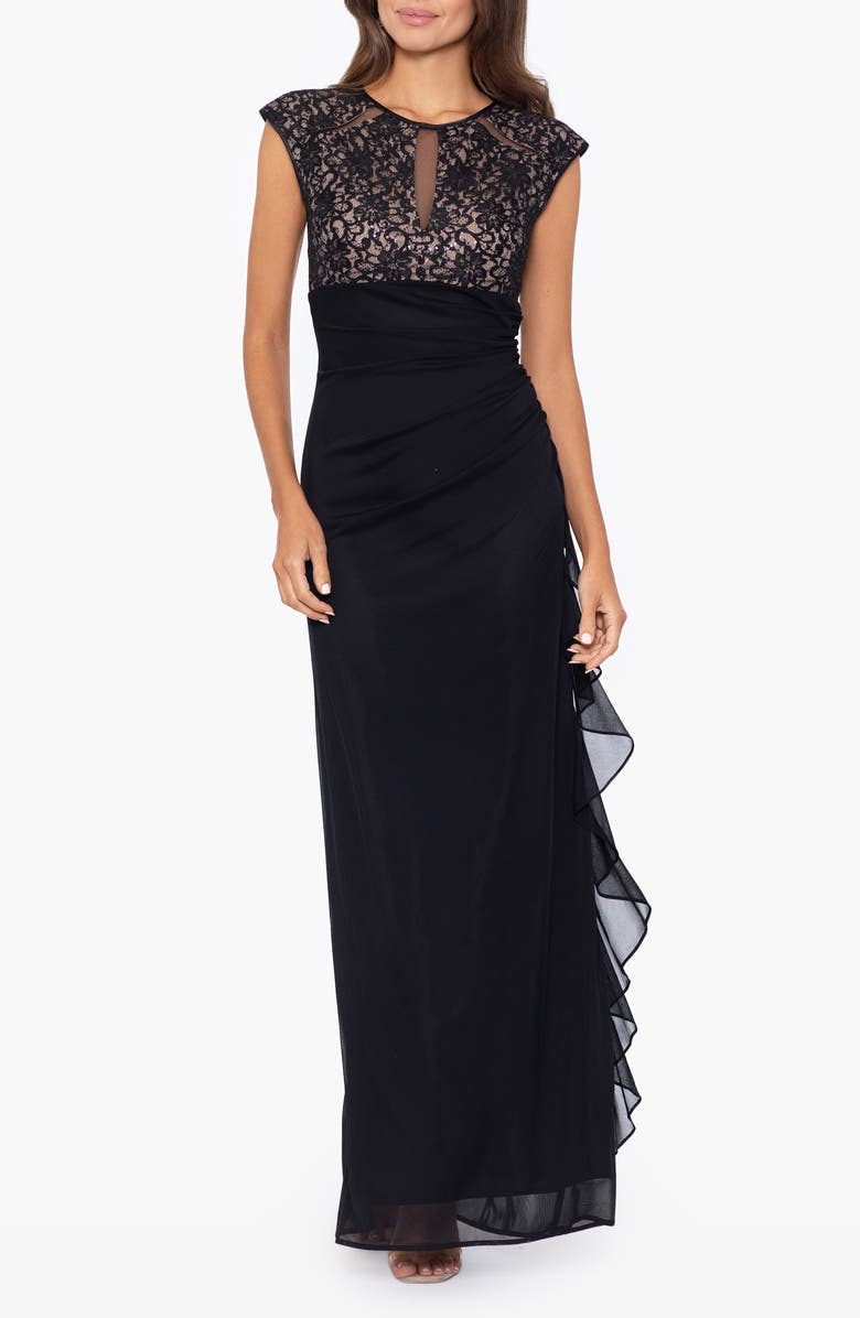 Betsy & Adam Lace Bodice Side Ruffle Gown, Main, color, 