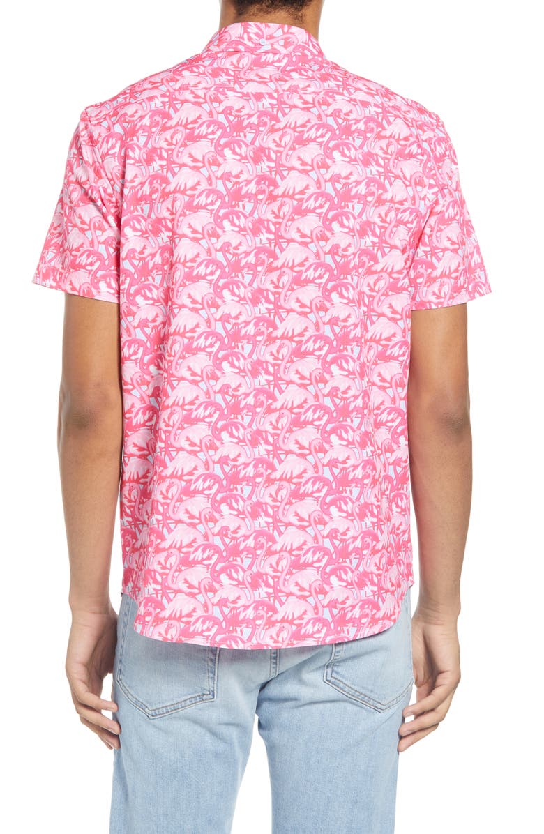 Vintage Summer Flamingos Water Repellent Short Sleeve Button-Down Shirt, Alternate, color, 