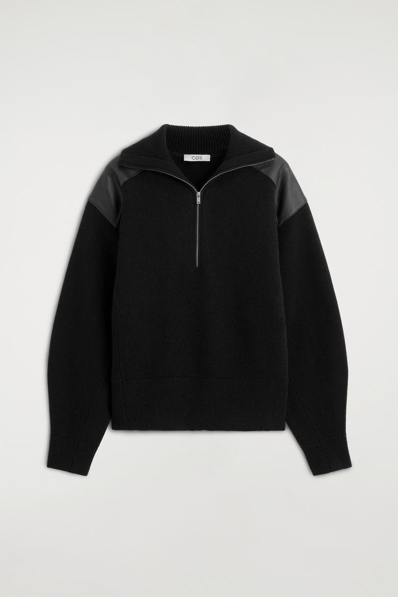 Leather-Patch Merino Wool Zip-Up Sweater, Alternate, color, BLACK