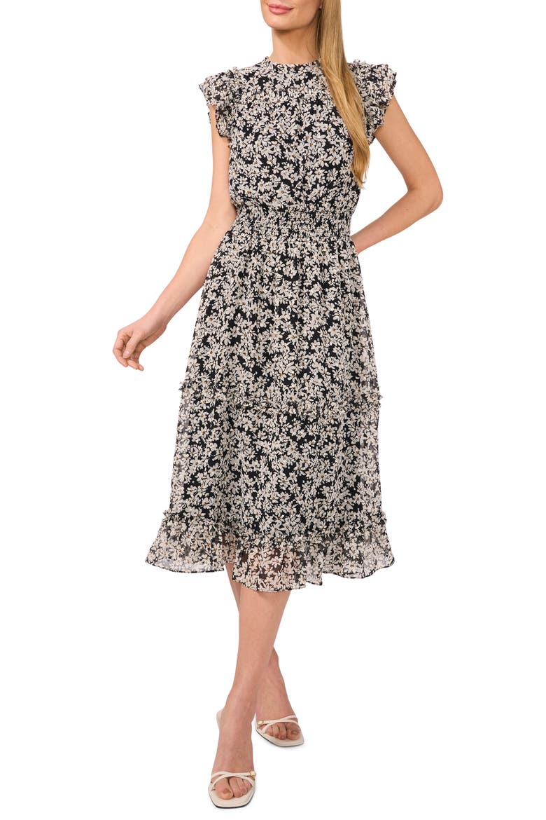 Floral Flutter Sleeve Smocked Midi Dress, Main, color, RICH BLACK