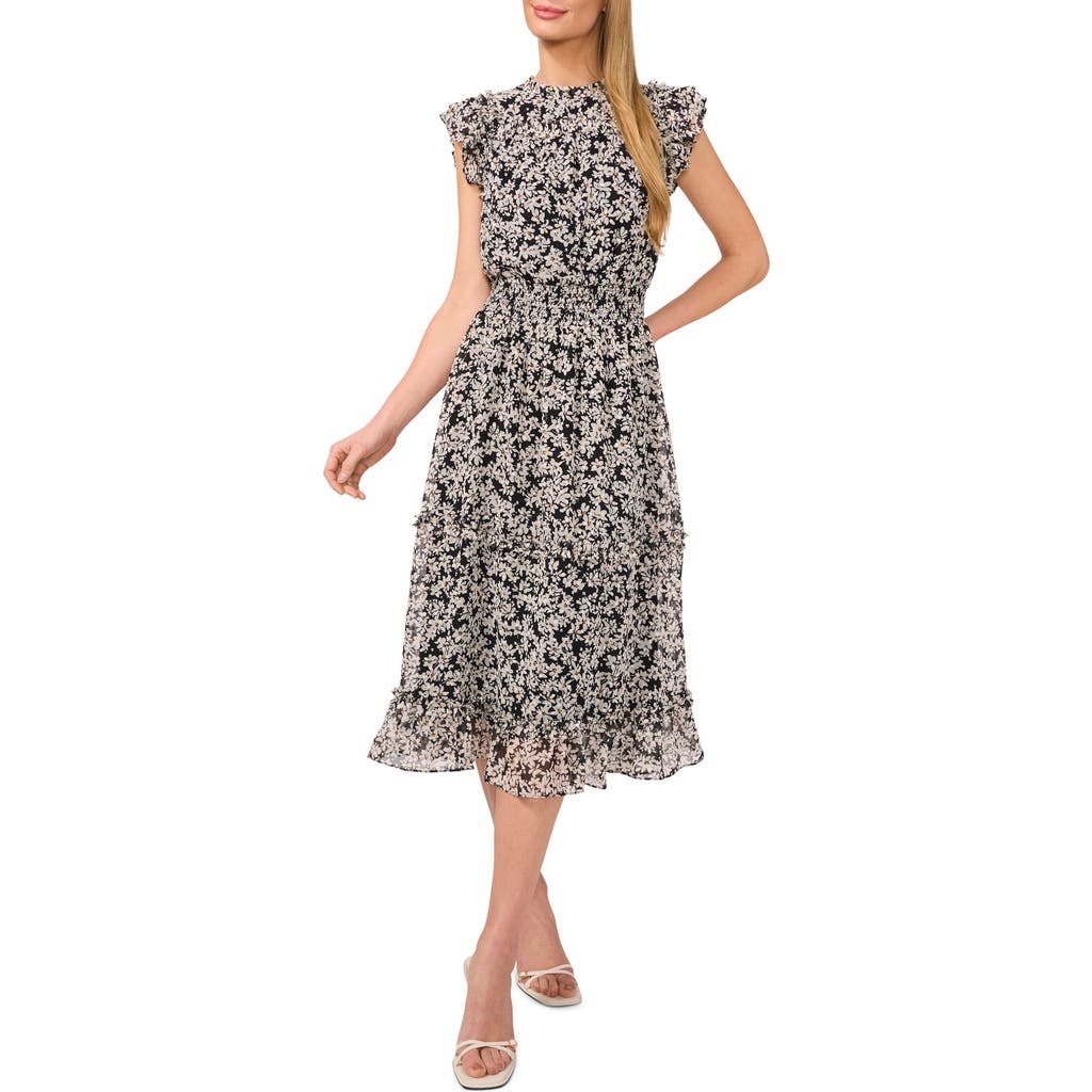 Shop Cece Floral Flutter Sleeve Smocked Midi Dress In Rich Black