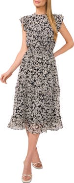 CeCe Floral Flutter Sleeve Smocked Midi Dress