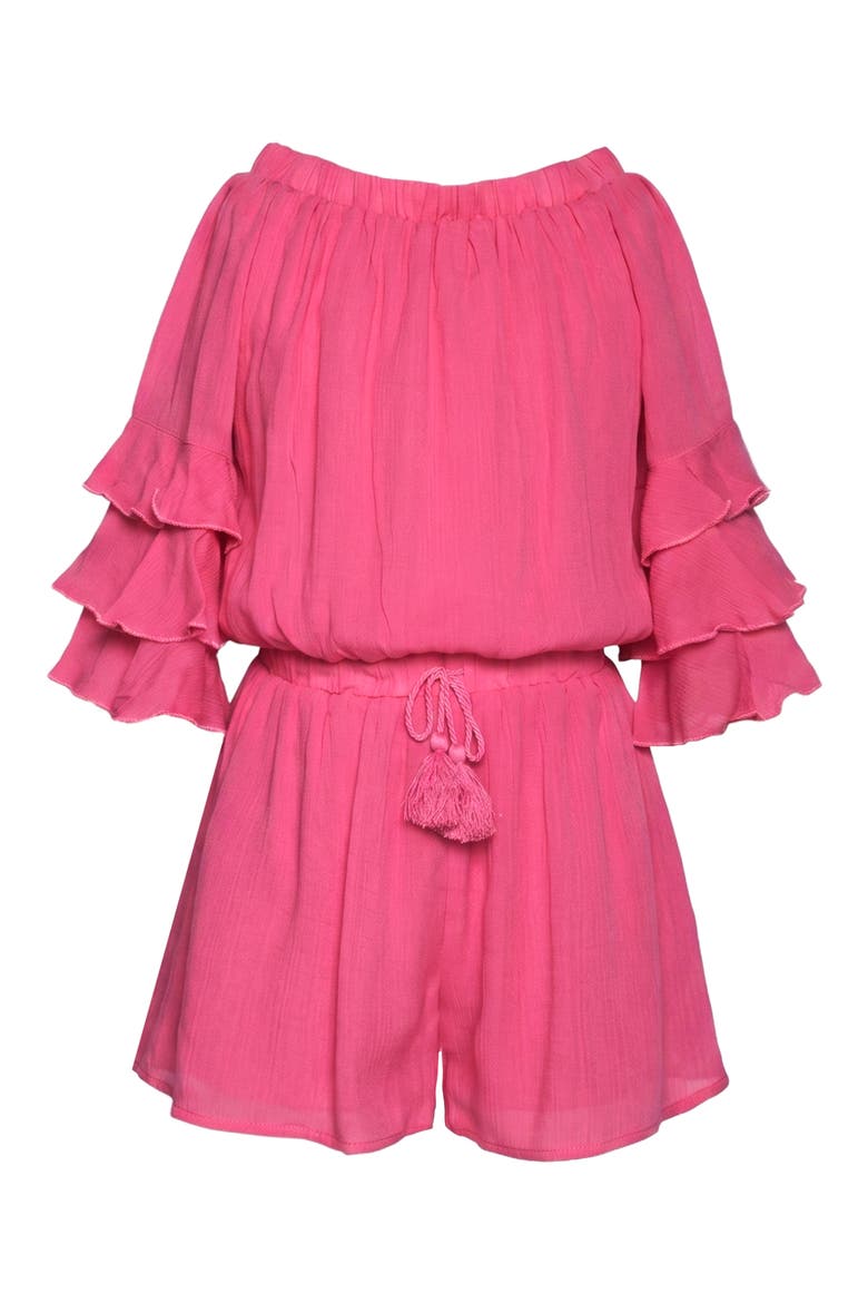 Kids' Tiered Ruffle Sleeve Romper, Main, color, HOT PINK