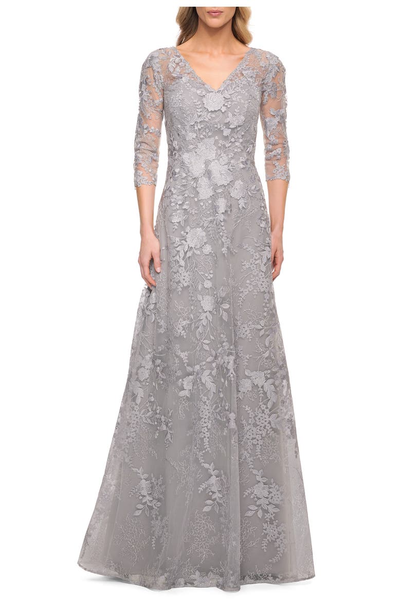 La Femme Long Lace Evening Dress with V Neckline and Sleeves, Main, color, Silver