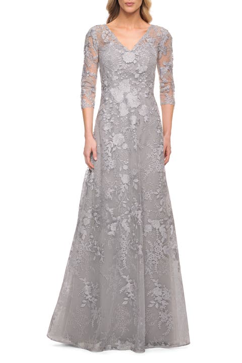 Long Lace Evening Dress with V Neckline and Sleeves