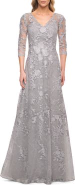 La Femme Long Lace Evening Dress with V Neckline and Sleeves