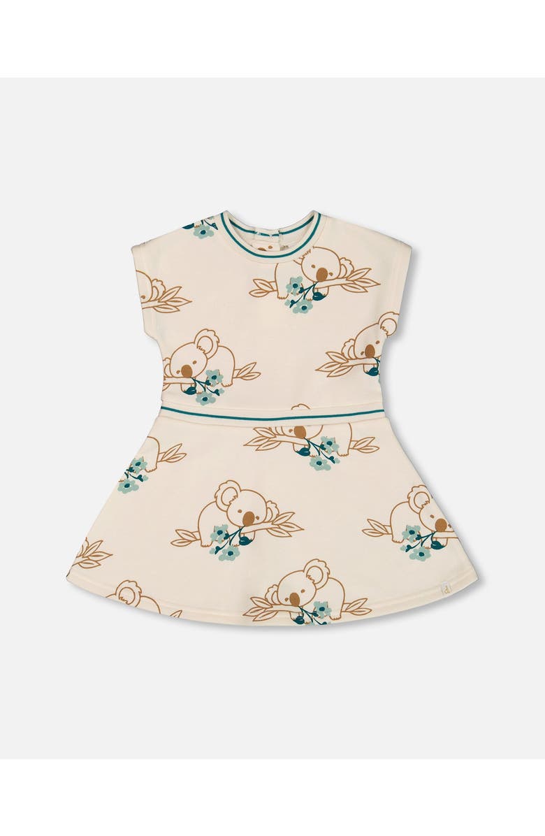 Deux par Deux Little Girl's Printed French Terry Dress Off-White And Koala, Main, color,