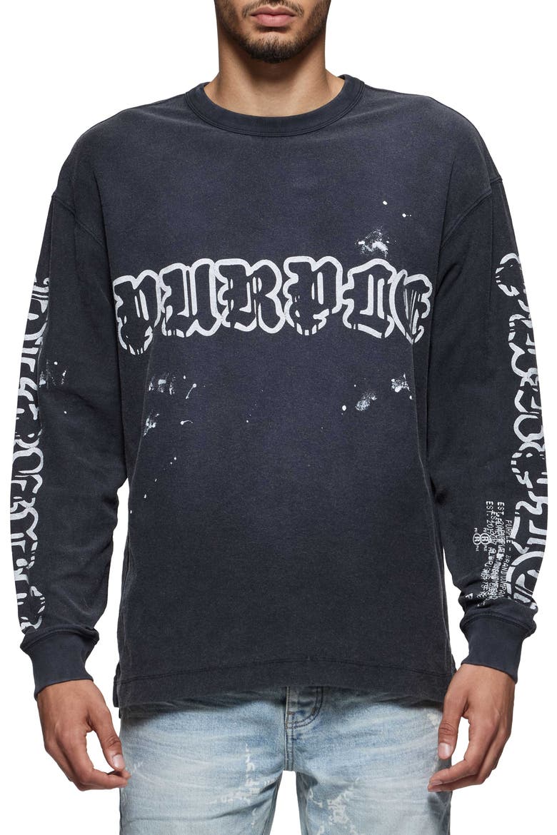 Textured Logo Long Sleeve Cotton Graphic T-Shirt, Main, color, BLACK