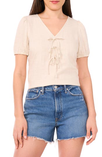 Two By Vince Camuto Tie Front Puff Sleeve Top In Brown
