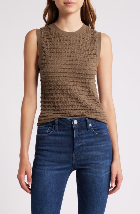 Smocked Silk Blend Sleeveless Top