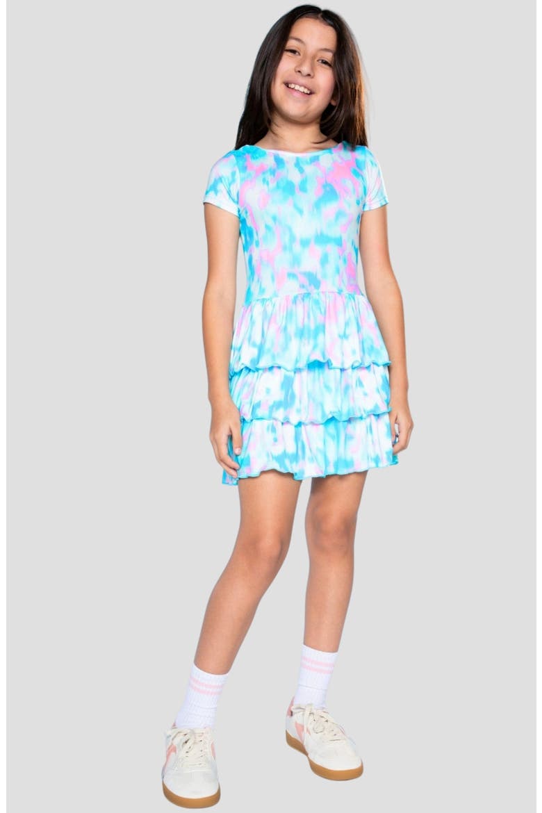 Kids' Short Sleeve Triple Ruffle Dress, Alternate, color, BLUE NEON PINK