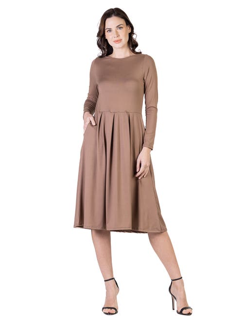 24seven Comfort Apparel Midi Length Fit N Flare Pocket Dress In Beige