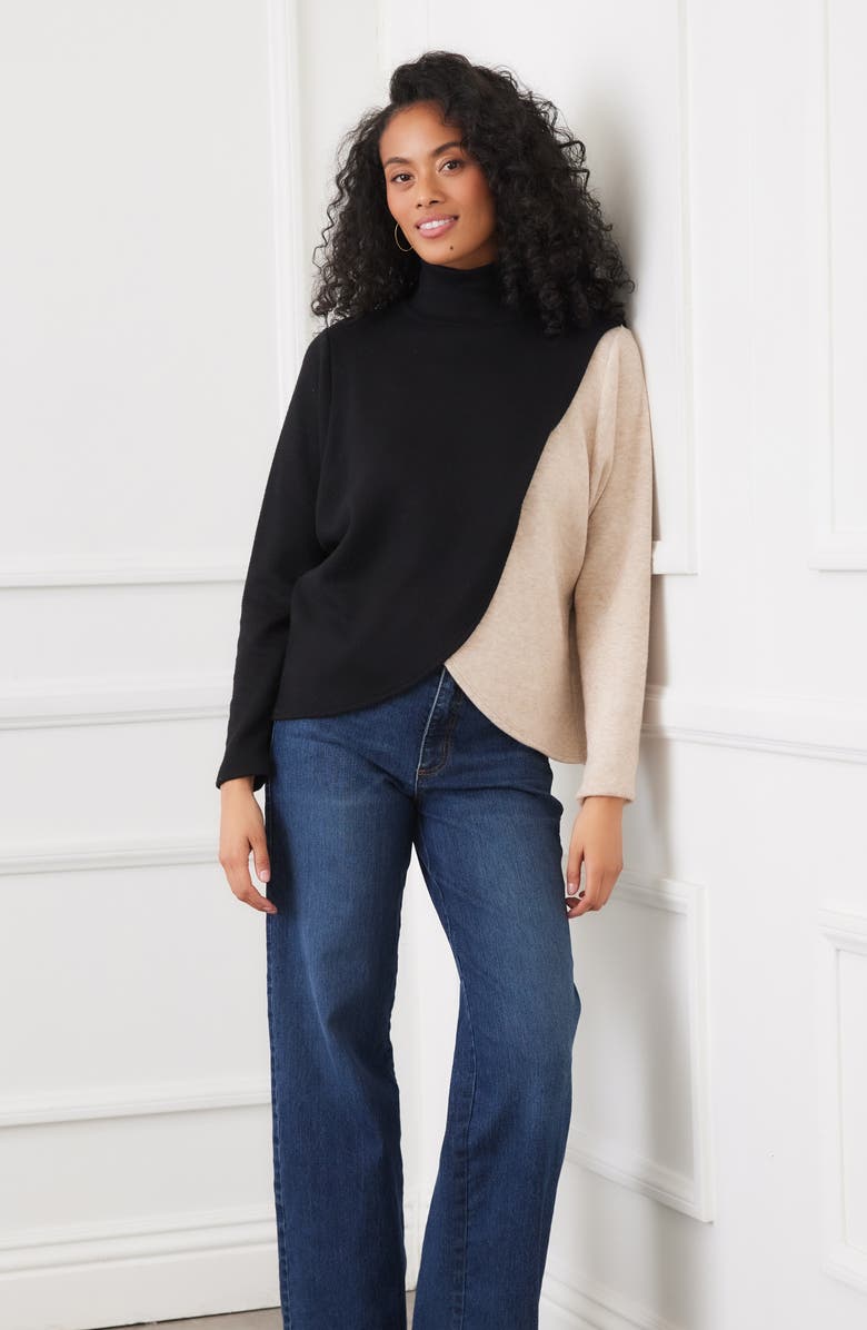 Karen Kane Colorblock Turtleneck Crossover Hem Knit Top, Alternate, color, Black/ Oatmeal