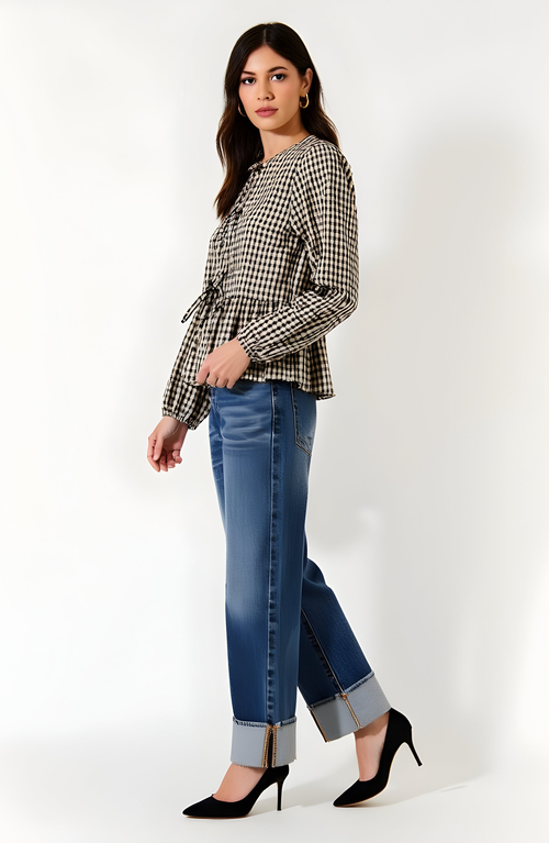 Modenaire Gingham Peplum Blouse With Front Tie And Ruffle Hem In Multi