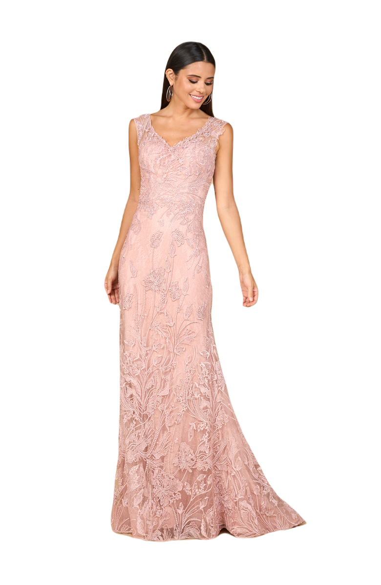 LARA New York Overskirt Lace Fitted V - Neck Gown, Alternate, color, Blush